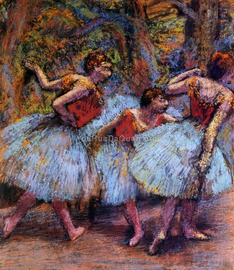 Three Dancers, Blue Skirts, Red Blouses - 埃德加·德加